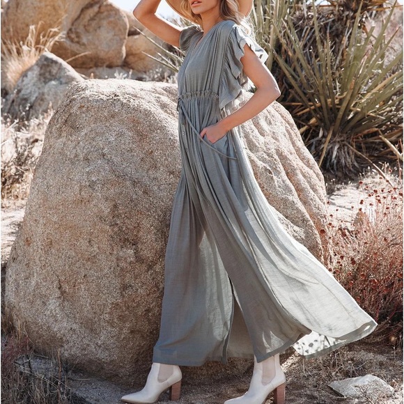 #9 SHEER Gorgeous Green Bohemian Button Vacation Flowy Ruffle Resort Maxi Dress - Picture 4 of 5